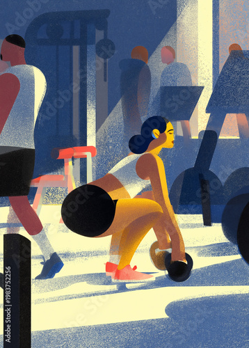 Active lifestyle editorial illustration with focused woman performing kettlebell squats in a busy gym