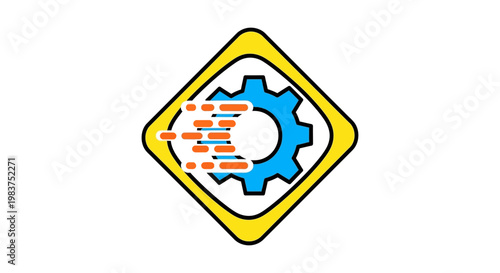 blue gear with orange speed lines representing fast settings and quick processing for digital optimization and efficient technology.