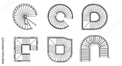 various types of spiral and curved staircases design top view