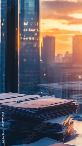Pen rests on stacked papers with sunset city skyline visible from the window