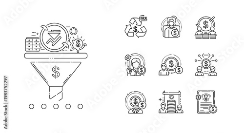 financial concepts and business strategy line art icons depict investment money management wealth growth and ethical finance services.