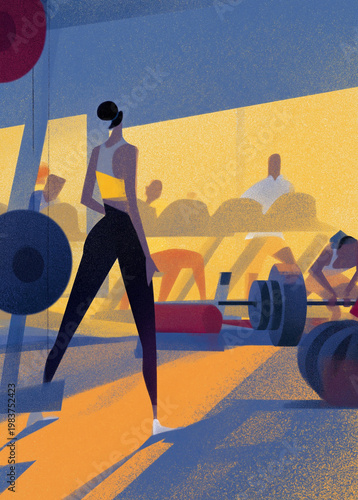 Active lifestyle editorial illustration with focused woman standing in a textured modern gym weight room