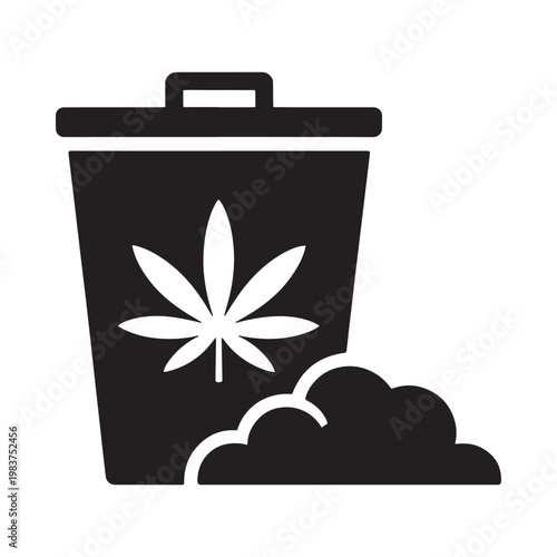 A black trash can illustration with a cannabis leaf and discarded buds
