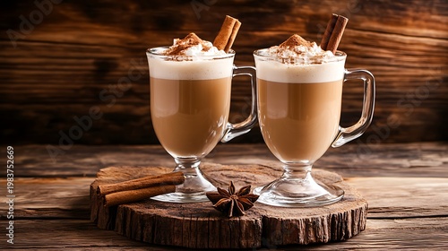 Two Irish coffee glasses with cinnamon sticks on rustic wooden slice is warm