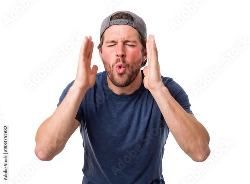 Man making excited surprised gesture with hands and face