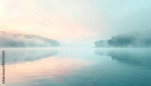 Serene Lake Landscape with Misty Fog.