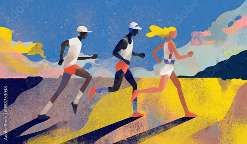 Runners Traversing an Abstract and Vibrant Landscape