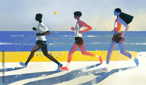 Runners in Motion on a Vibrant Coastal Horizon