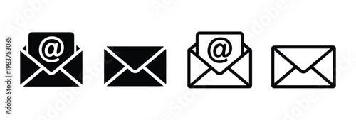Mail email envelope icon vector set, communication symbols representing email, message, inbox, and contact for business websites, apps, UI/UX design, and digital communication systems