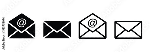 Mail email envelope icon vector set, communication symbols representing email, message, inbox, and contact for business websites, apps, UI/UX design, and digital communication systems