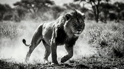 Majestic male lion walking through African savanna grassland in black and white monochrome photography showcasing wildlife power and natural habitat beauty.
