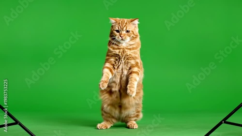 A fluffy ginger cat stands upright on its hind legs against a vibrant green background.