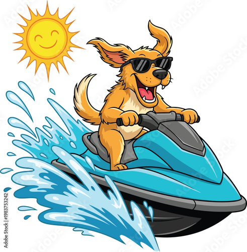 Cartoon dog riding a jet ski with sunglasses on a sunny day.