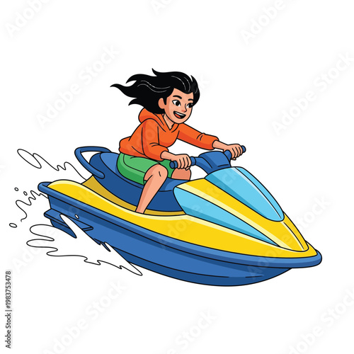 Cartoon Illustration of a Happy Young Woman Riding a Jet Ski.
