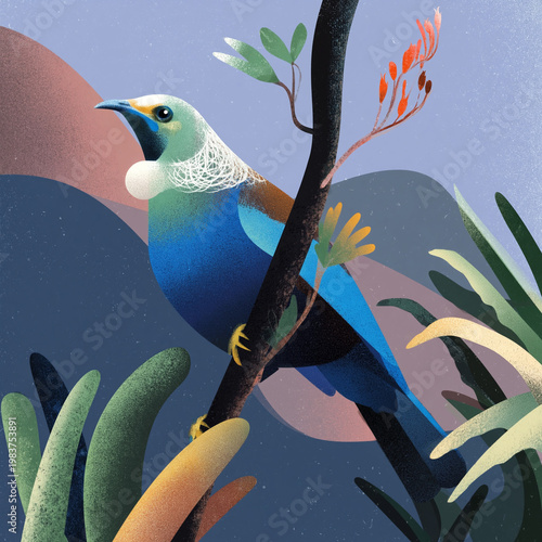 Aotearoa heritage and wilderness featuring a native New Zealand Tui bird. Picturesque botanical illustration with abstract landscape.