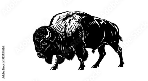 Tableau sur toile Black and White Silhouette of a Powerful Bison Charging Forward