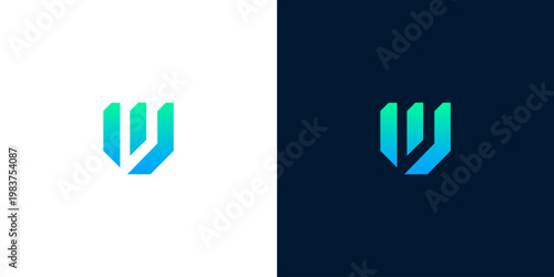 Modern abstract letter W logo design with gradient effect on white and dark blue backgrounds