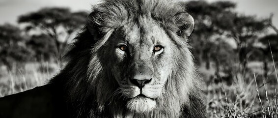 Majestic male lion portrait in black and white with dramatic lighting showcasing wild animal power and strength in natural savanna habitat.