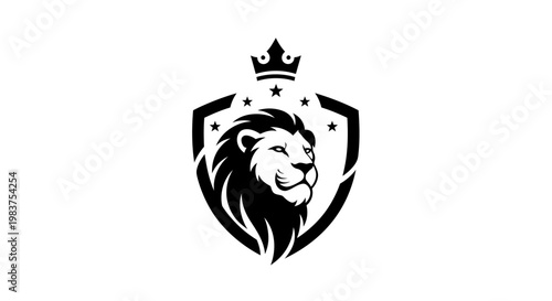 Black Lion Head Emblem with Crown and Stars, Symbolizing Power, Royalty, and Leadership