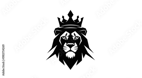 Black Lion Head with Crown, Majestic King Animal Symbol and Power Icon