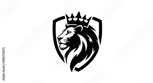 Black Lion Head with Crown and Shield Logo Design