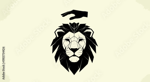 Black Polygonal Lion Head Silhouette with Human Hand Above, Symbolic Design