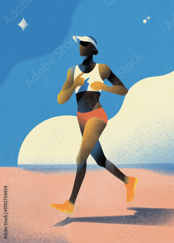 Risograph style illustration of a woman running outdoors in the sunshine.