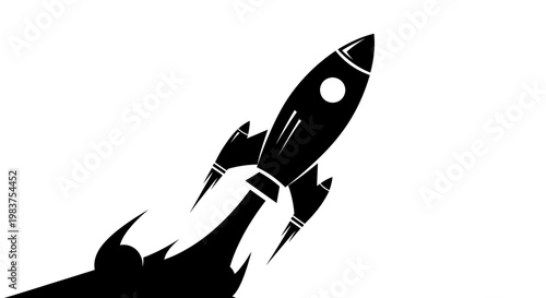 Black rocket blasting off with fiery exhaust, symbolizing space travel and innovation