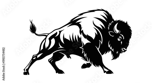 Black Silhouette Buffalo Charging Fiercely with Flame-Like Mane