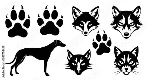 Black Silhouette Collection of Animal Paw Prints, Foxes, and Dog