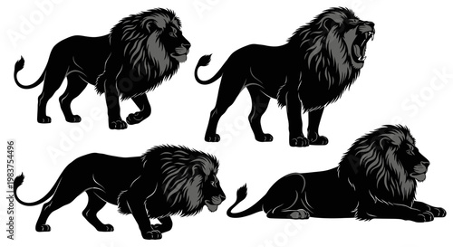 Majestic Black Lions Displayed in Four Dynamic Poses: Roaring, Walking, Prowling, and Resting Silhouettes