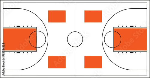 Basketball court diagram showing professional layout with markings and highlighted key zones for tactical training