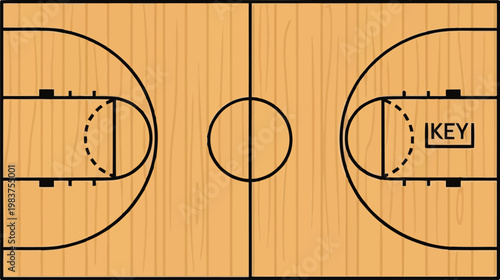 top view schematic diagram of a professional basketball court with markings and key area highlighted