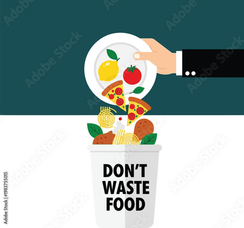 hand dumping food scraps into trash bin illustration concept for stop wasting food campaign design