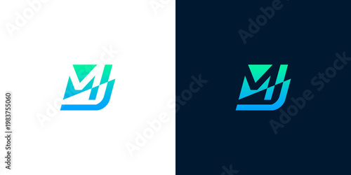 Modern Monogram MJ Logo Design with Gradient Colors on White and Dark Backgrounds