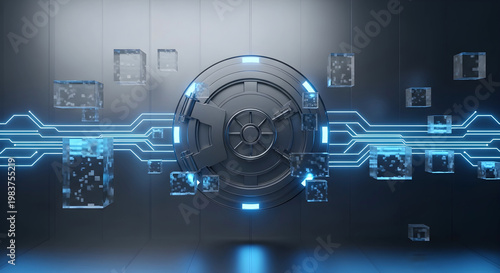 Blockchain Security Concept: Digital Vault Protecting Data on a Cyber Network