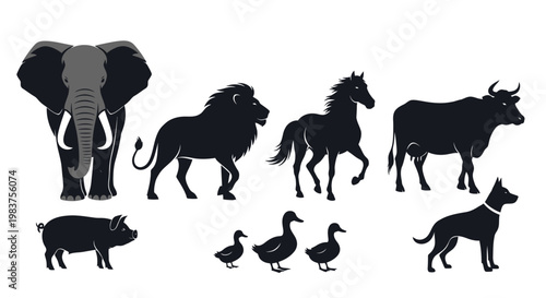 Collection of Diverse Animals: Elephant, Lion, Horse, Cow, Pig, Ducks, and Dog