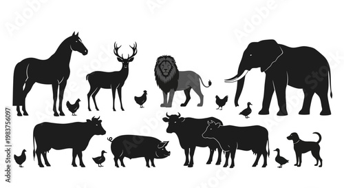 Collection of Farm Animals, Wild Animals, and Pets Silhouettes Including Horse, Elephant, Lion, Deer, Cows, Pig, Dog, Chickens, and Ducks