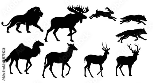 Diverse Animal Silhouettes Collection Featuring Lion, Moose, Camel, Rabbit, and Wolves