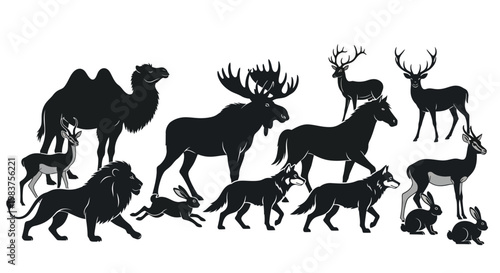 Diverse Animal Silhouettes: Lion, Camel, Moose, Horse, Deer, Wolf, Rabbits, and Gazelle Collection