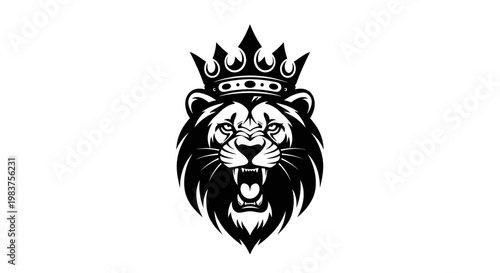 Photos Fierce Lion King with Crown Roaring, Symbolizing Power, Royalty, and Strength