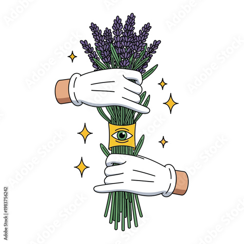 White gloved hands holding a magical lavender bouquet with an all-seeing eye