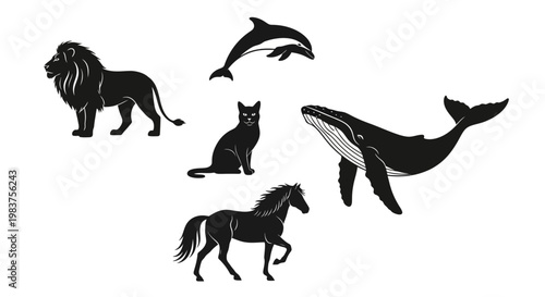 Diverse Collection of Black Animal Silhouettes: Lion, Cat, Horse, Dolphin, and Whale