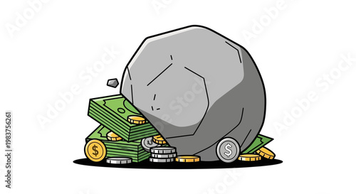 a heavy rock crushing stacks of dollar bills and coins illustrating economic crisis debt and money problems