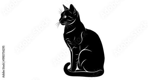 Elegant Black Cat Silhouette Profile Sitting Gracefully with White Accents