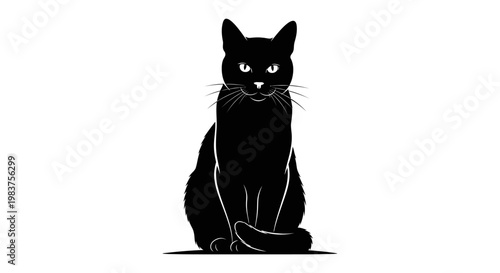 Elegant Black Cat Silhouette Sitting Gracefully with Alert Eyes and Whiskers