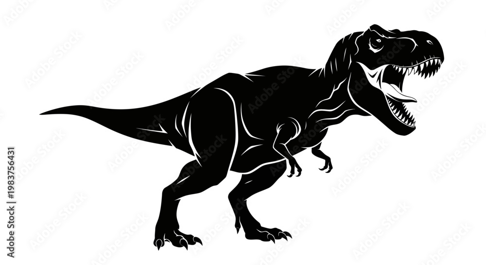 Fototapeta premium Fierce Tyrannosaurus Rex Dinosaur Silhouette with Sharp Teeth Roaring in Black and White