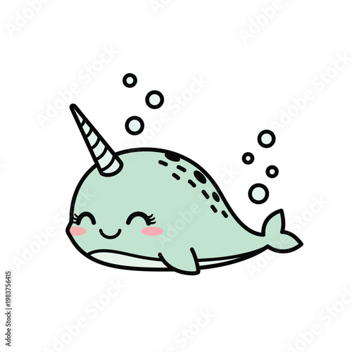 Cartoon narwhal swimming with a happy face and bubbles around