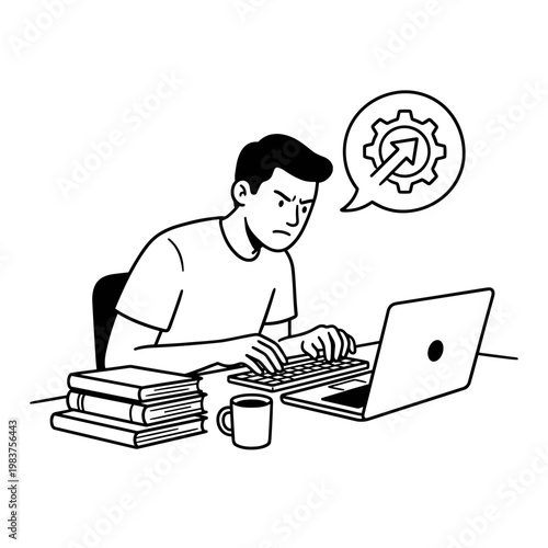 Man concentrating on laptop with gear icon and growth arrow
