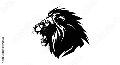 Cuadro en lienzo Fierce Black and White Lion Roaring Head Illustration, Powerful Animal Symbol